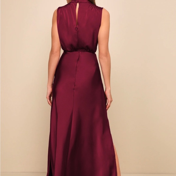 Lulus Classic Elegance Wine Satin Sleeveless Mock Neck Maxi Dress - Size XS - Picture 3 of 7